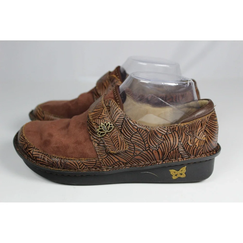 Alegria Paloma Brown Embossed Leather Suede Mary Jane Comfort Shoes Womens 38